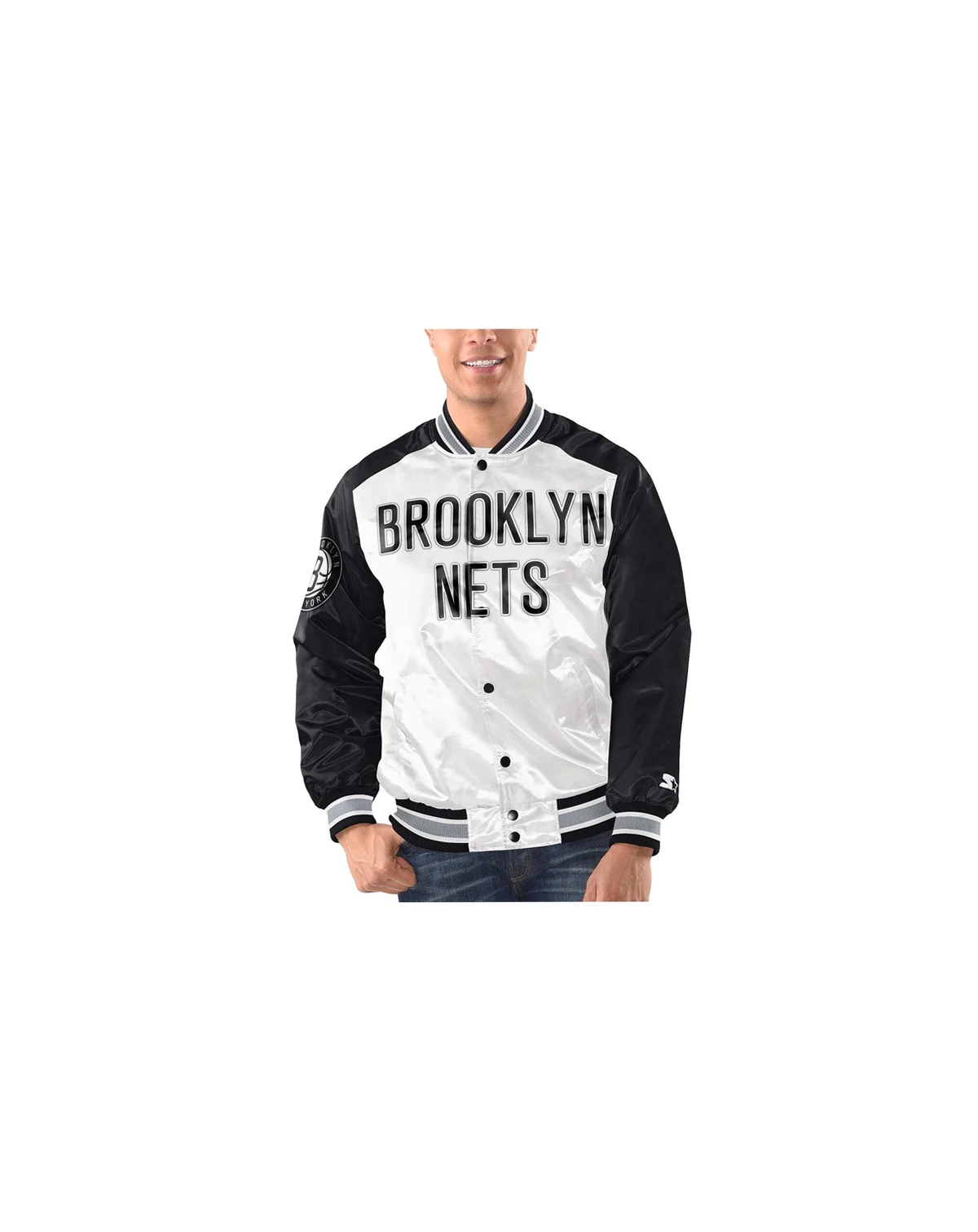 Men's White, Black Brooklyn Nets Renegade Satin Full-Snap Varsity Jacket