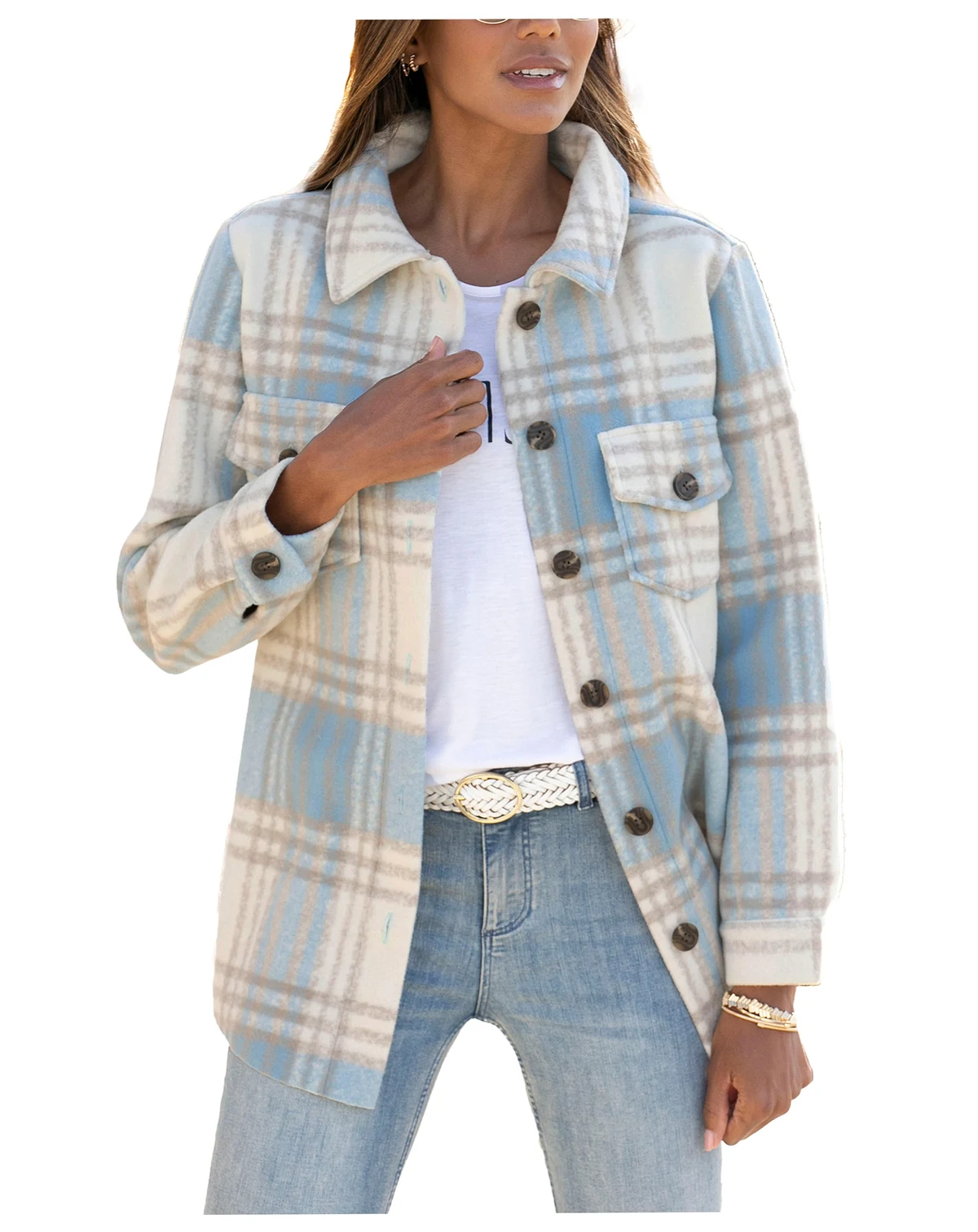 Women's Plaid Shirt Jacket Stylish Button-Up Lightweight Outerwear