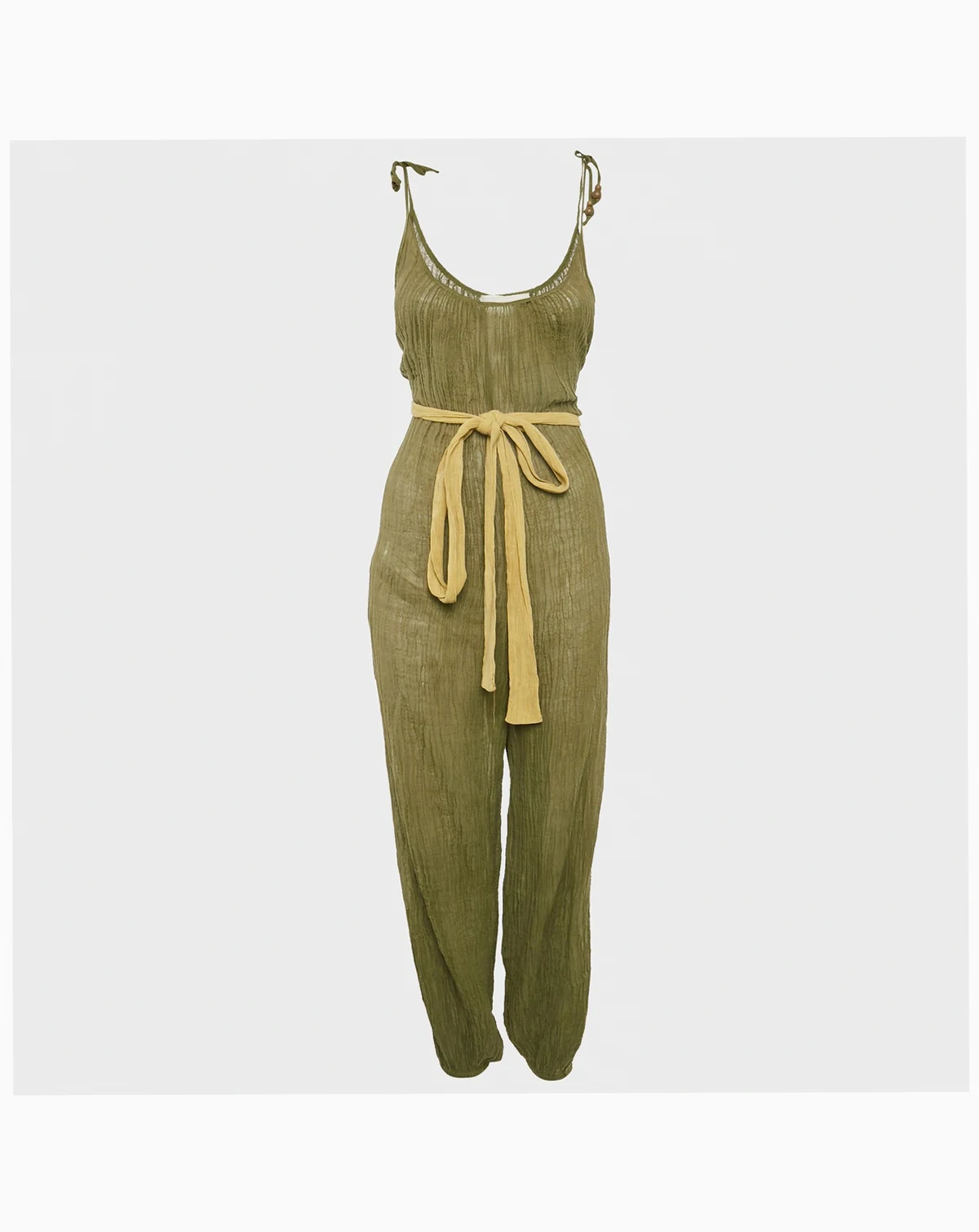 Women's Olive Green Ramie & Cotton Belted Jumpsuit