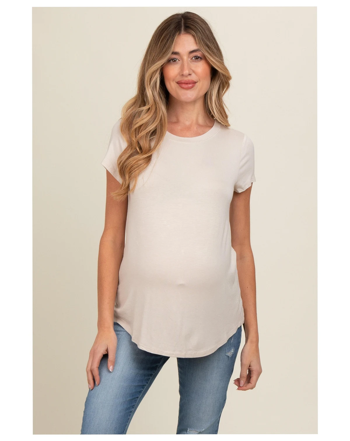 Maternity Beige Basic Short Sleeve Top