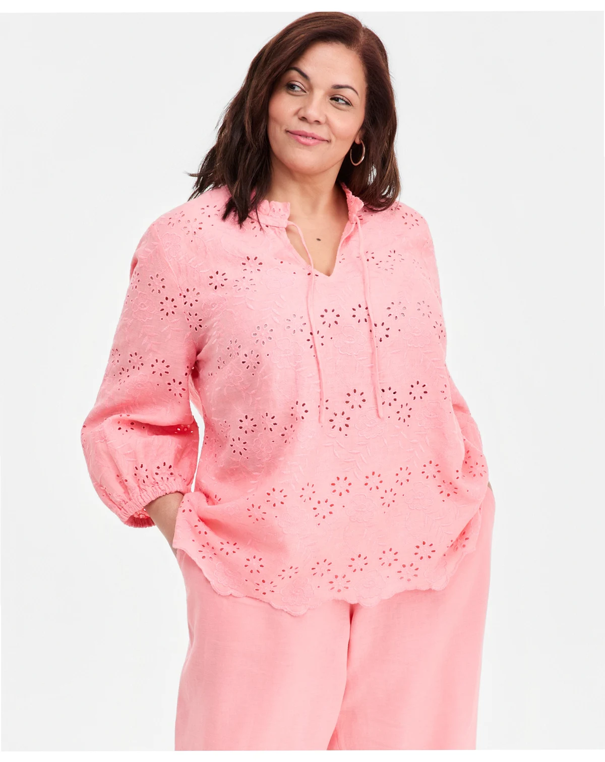 Plus Size 100% Linen Eyelet Tie-Neck Top, Macy's Exclusive