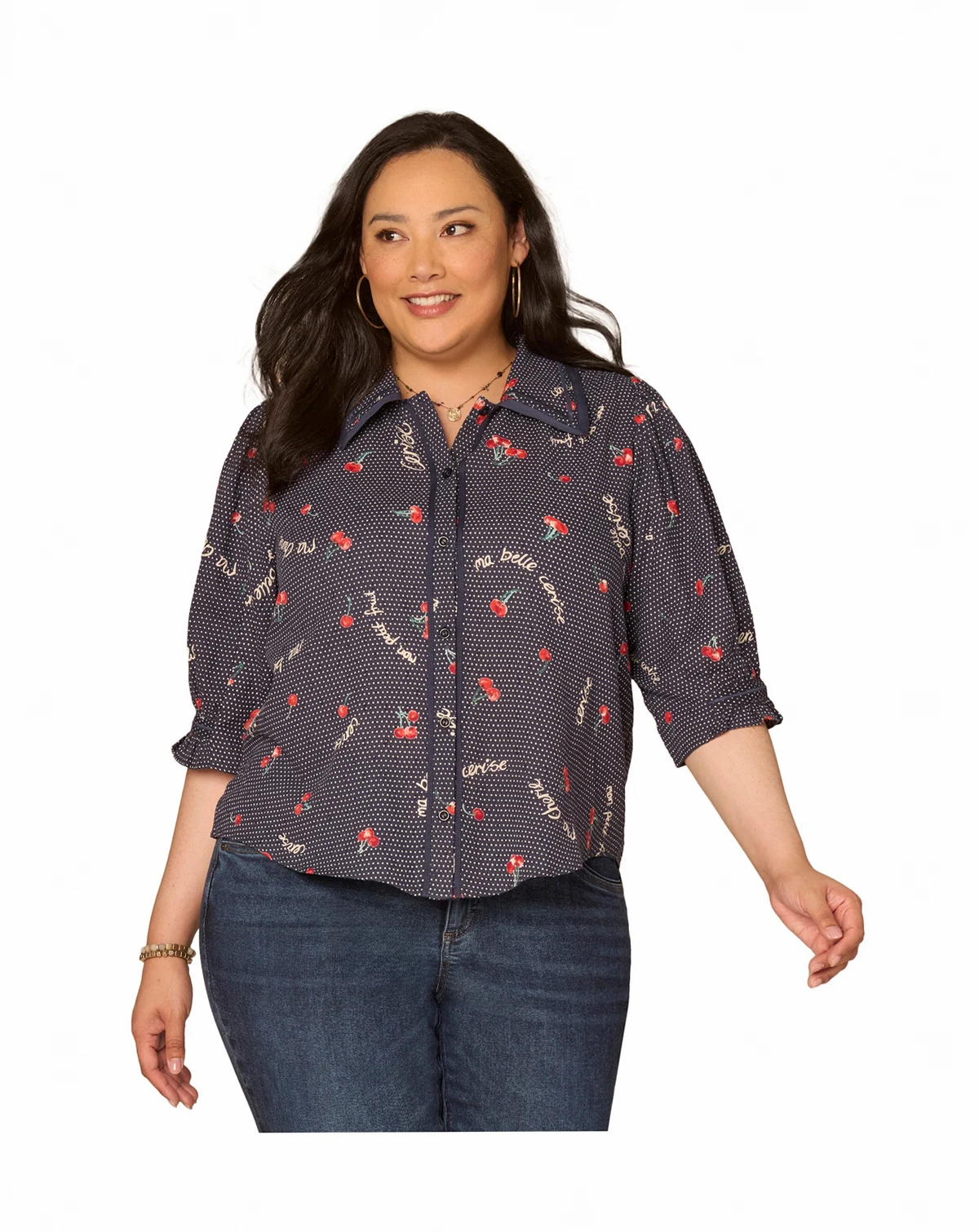 Plus Size Below Elbow-Sleeve Button-Down Shirt