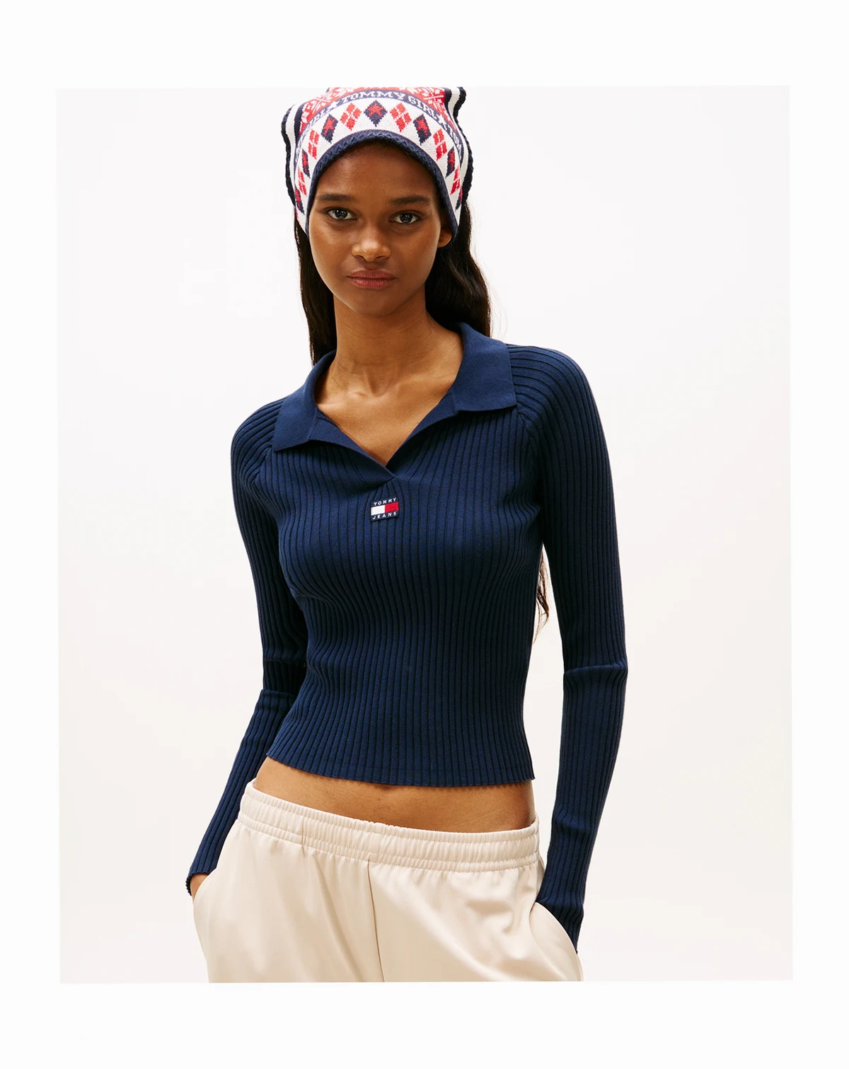 Women's Long-Sleeve Ribbed Collar Polo Top