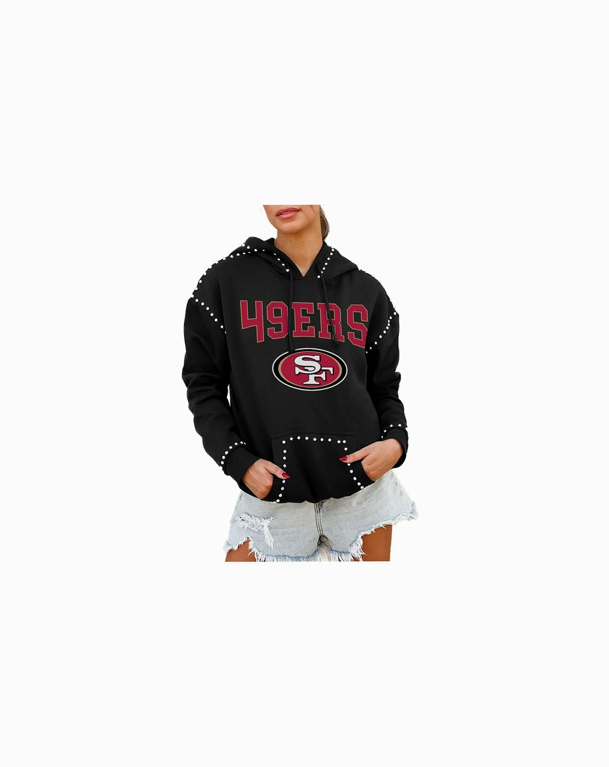Women's Black San Francisco 49ers Catch the Vibe Studded Pullover Hoodie