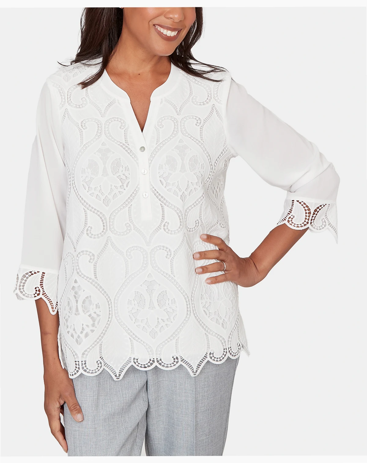 Women's  Al Fresco Lace Cut Out Front Henley Top