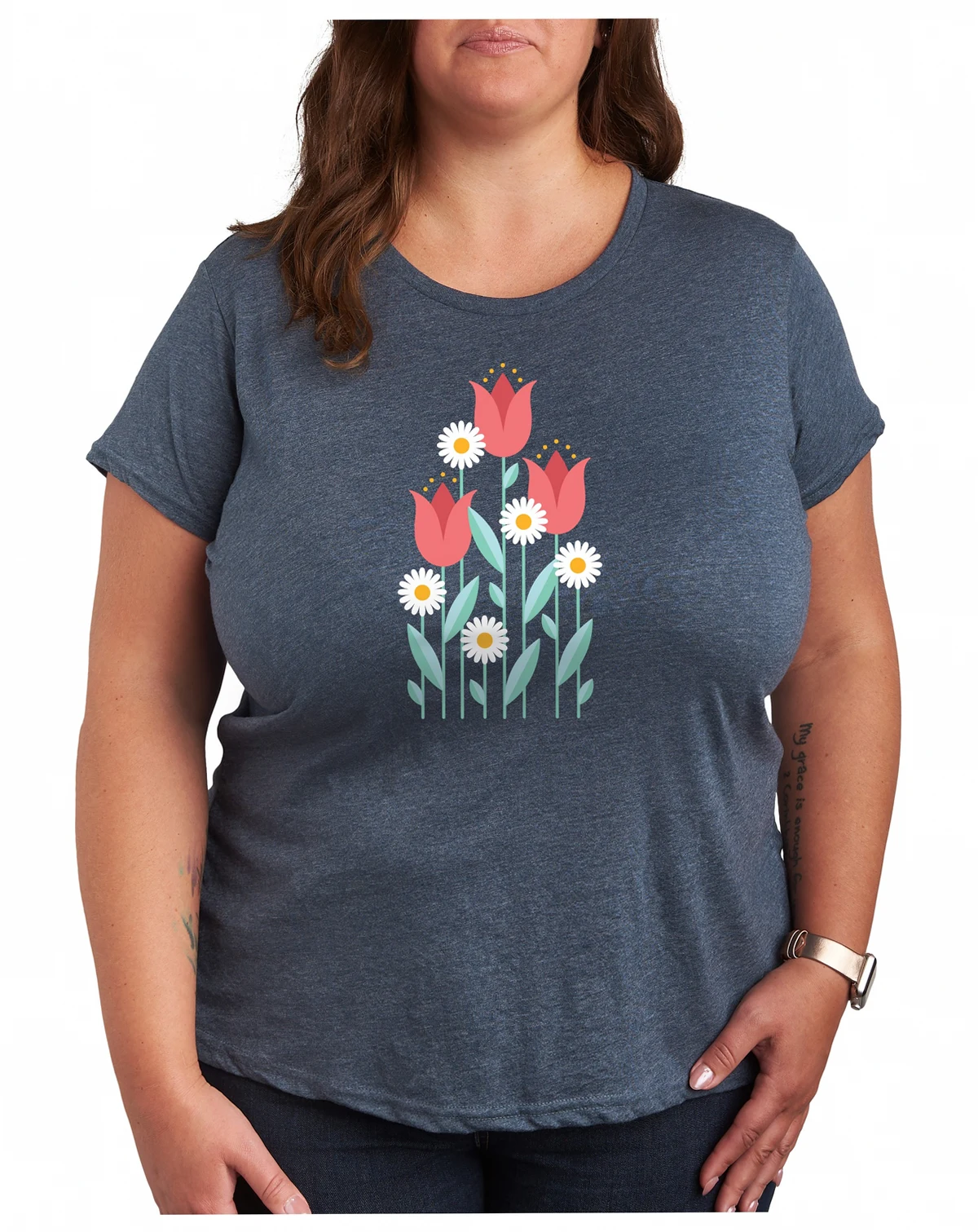 Trendy Plus Size Spring Florals Graphic Crew Neck T-Shirt