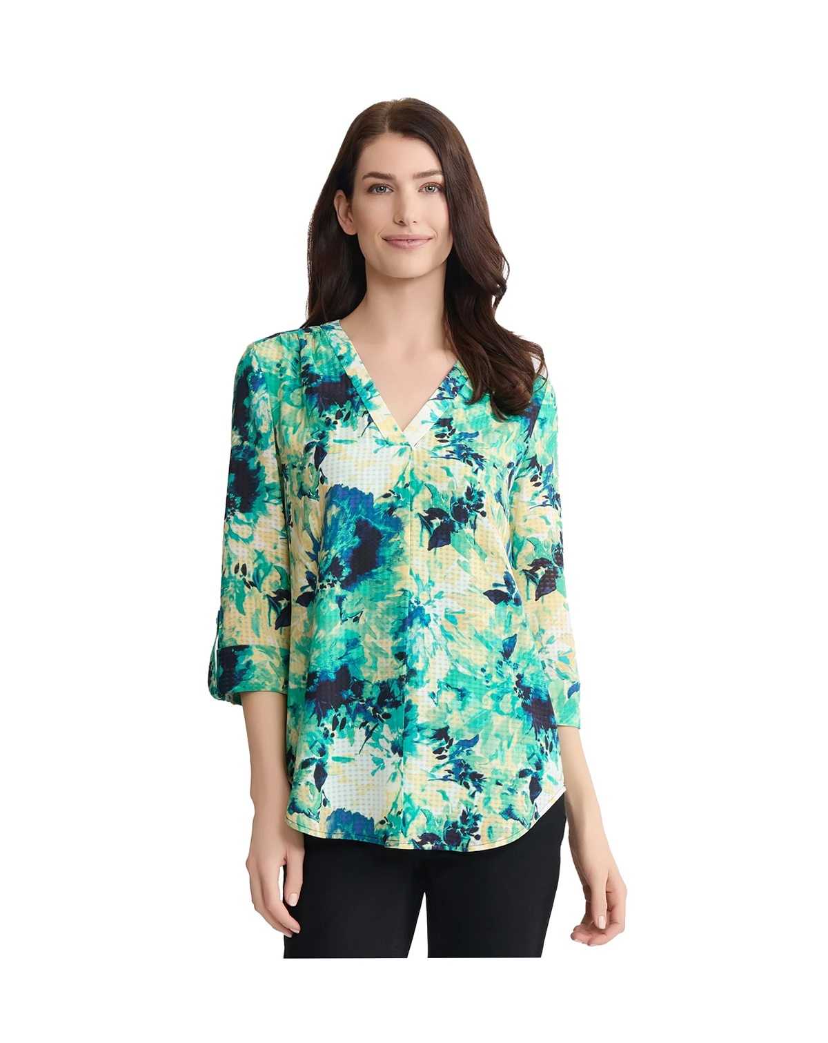 Women's V-Neck Roll-Tab 3/4-Sleeve Tunic Top