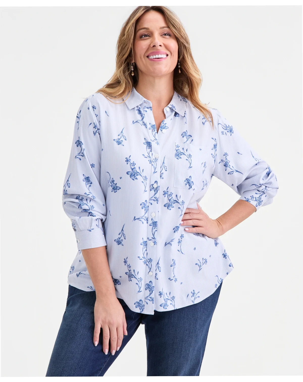 Plus Size Perfect Floral Striped Shirt, Macy's Exclusive