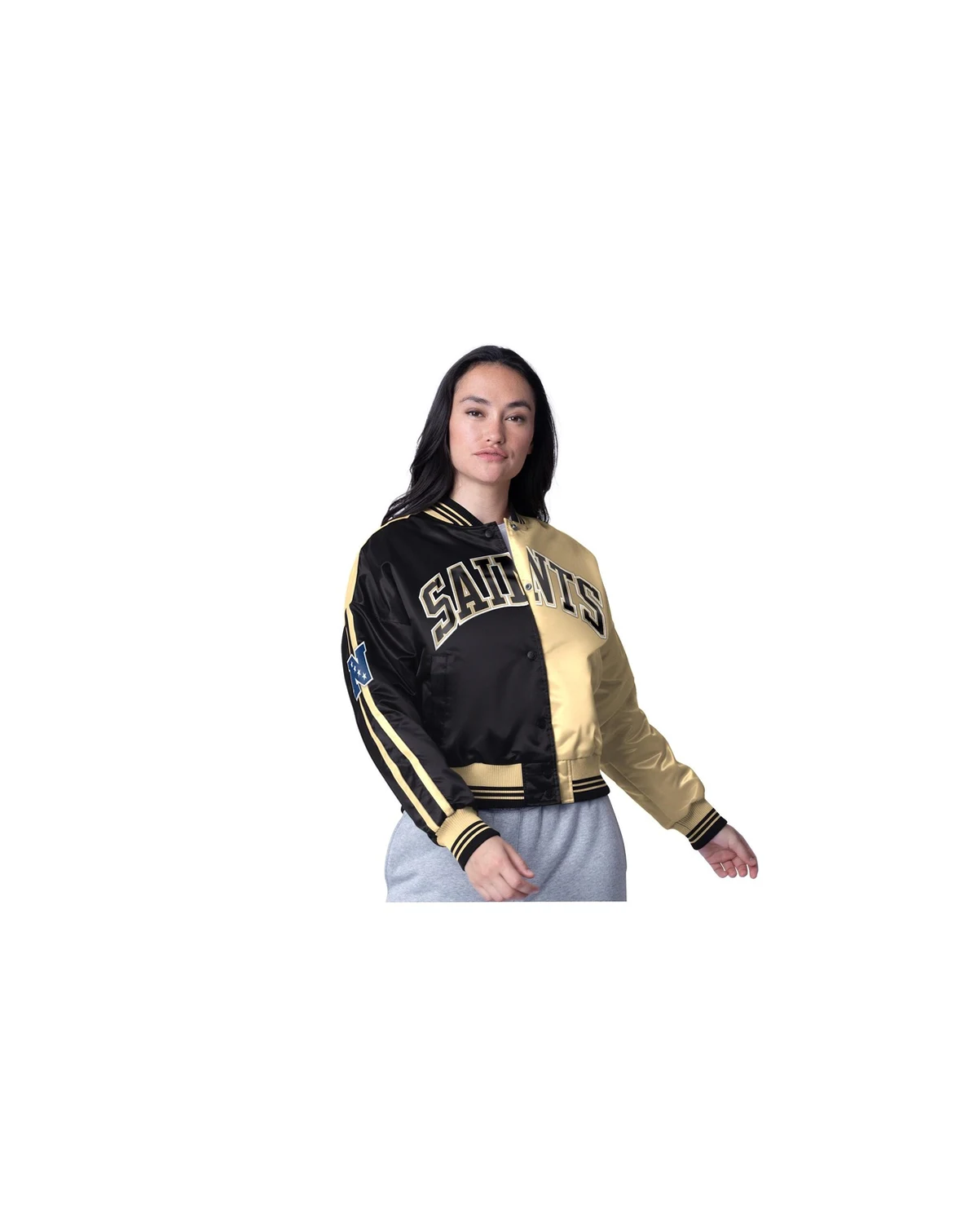 Women's Black/Gold New Orleans Saints Zone Blitz Cropped Full-Snap Satin Jacket