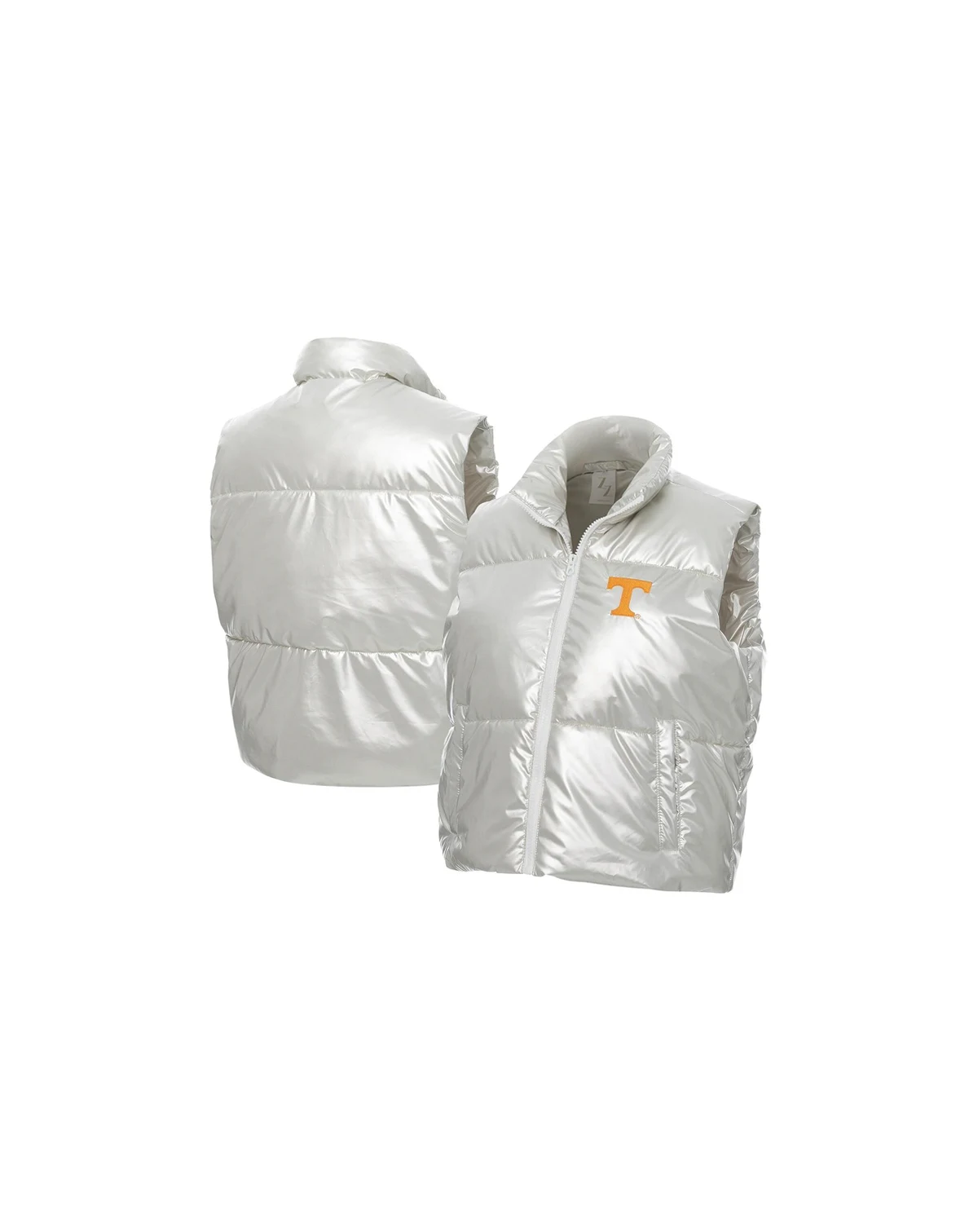 Women's Silver Tennessee Volunteers Metallic Cropped Full-Zip Sleeveless Puffer Vest