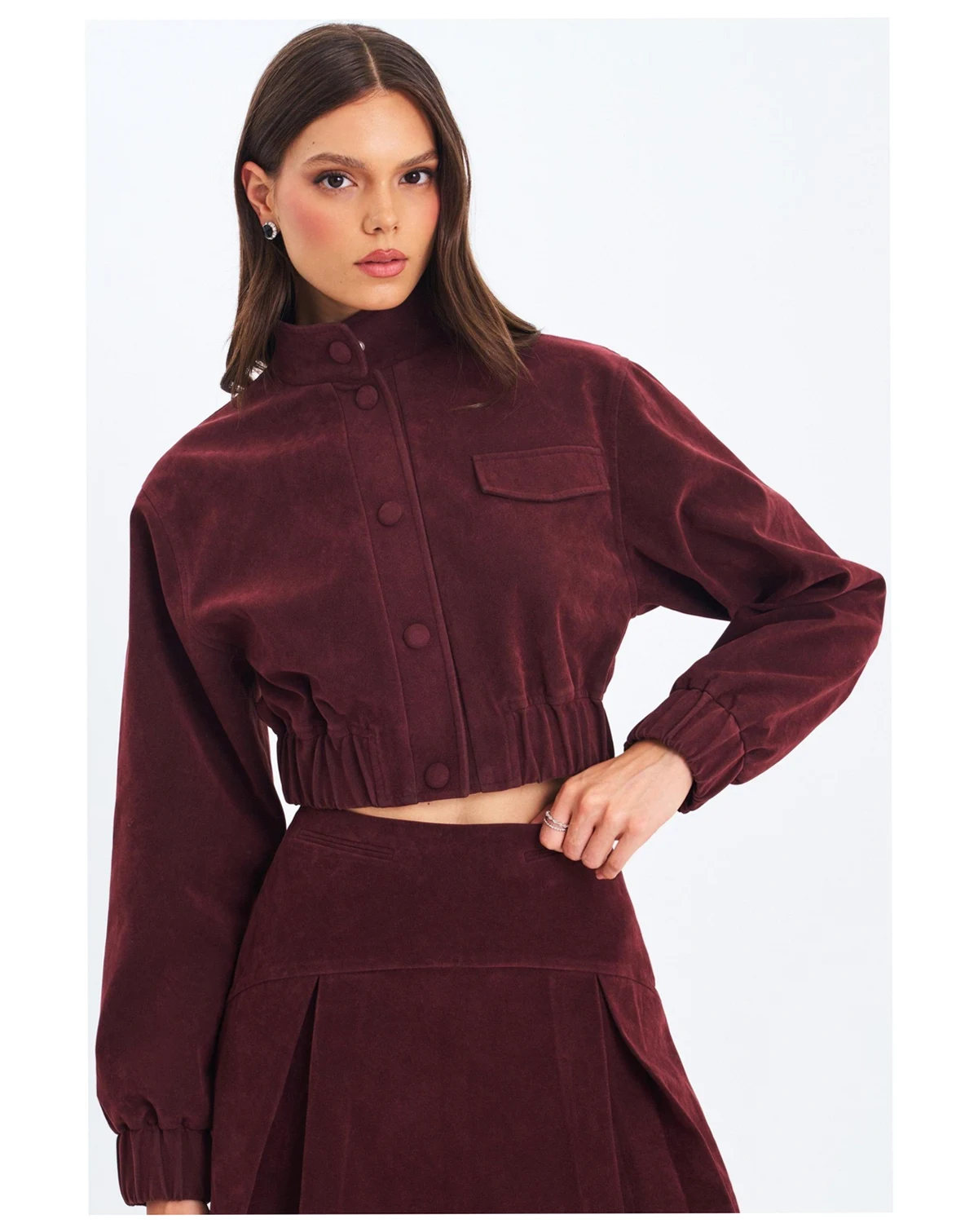 Women Farryn Mahogany Faux Suede Cropped Bomber Jacket