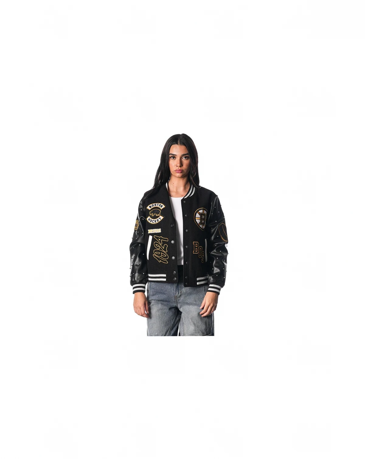 Women's Black Boston Bruins Full-Snap Varsity Jacket