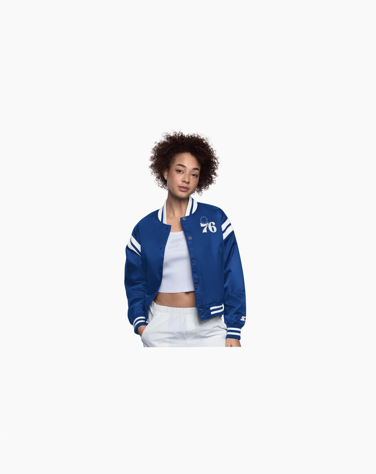 Women's Royal/White Philadelphia 76ers Full Count Satin Full-Snap Varsity Jacket