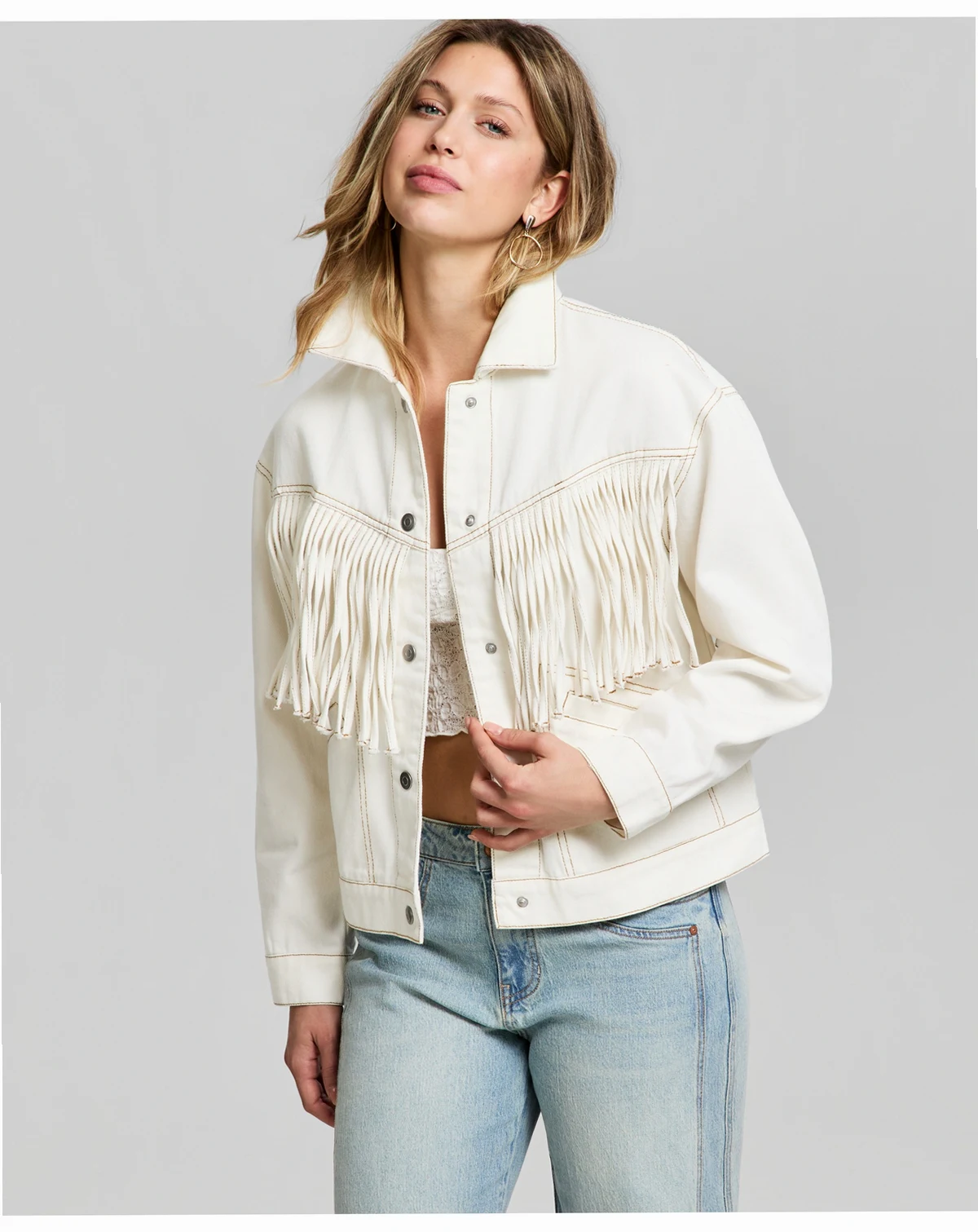 Petite White Denim Fringe Jacket, Macy's Exclusive