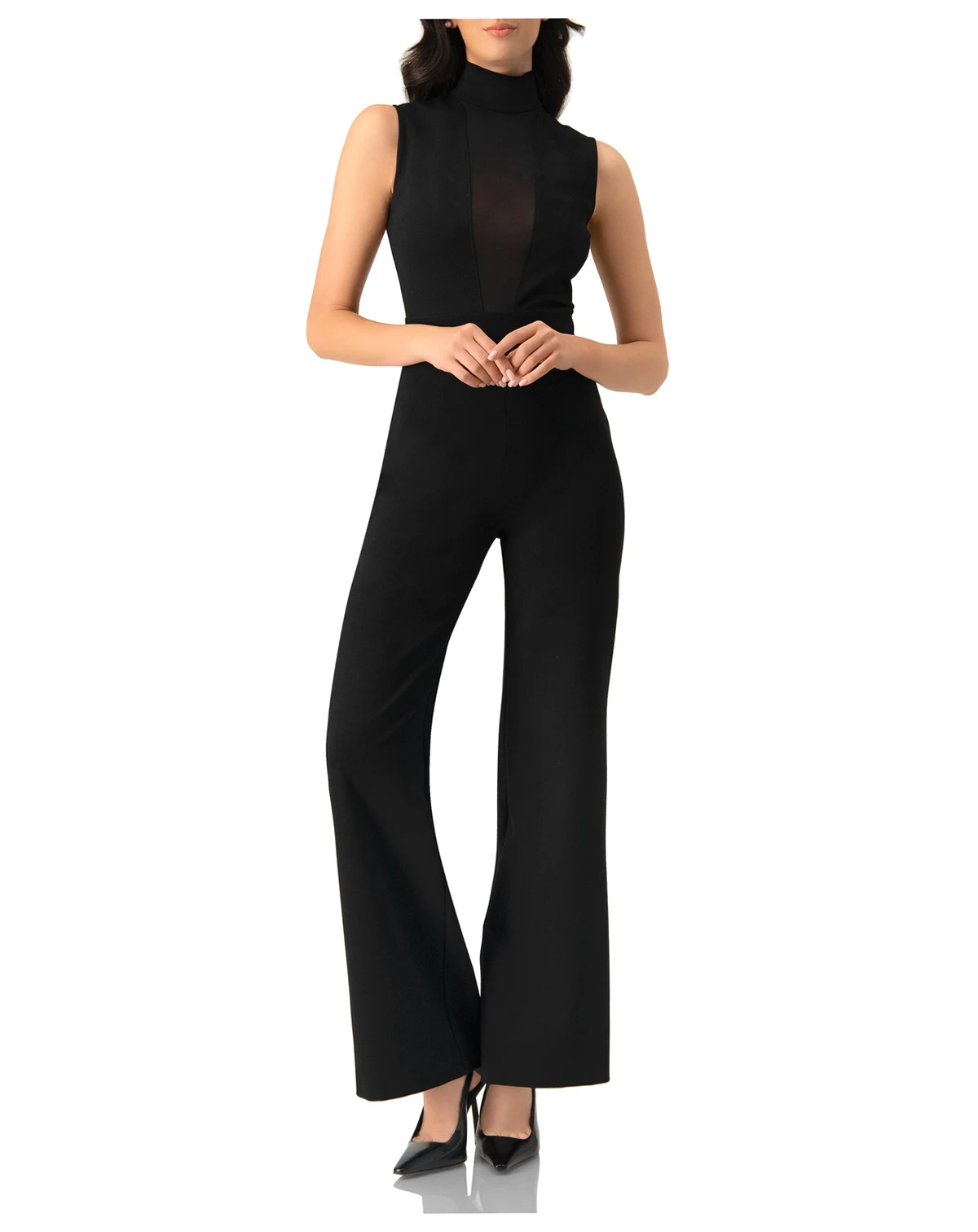 Women's High-Neck Jumpsuit with See-Though Neckline