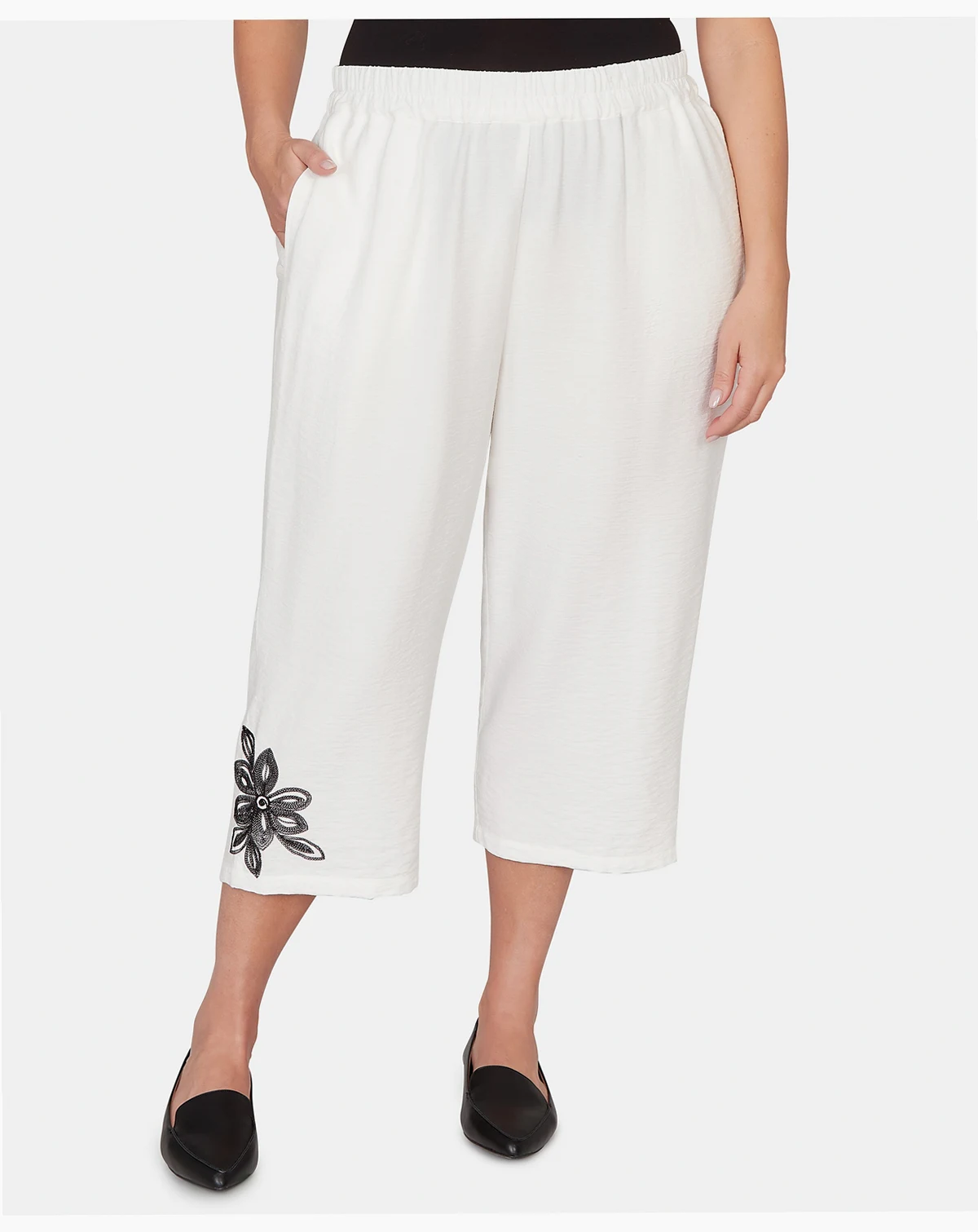 Plus Size Crowd Pleaser Floral Embroidered Relaxed Capri Pants