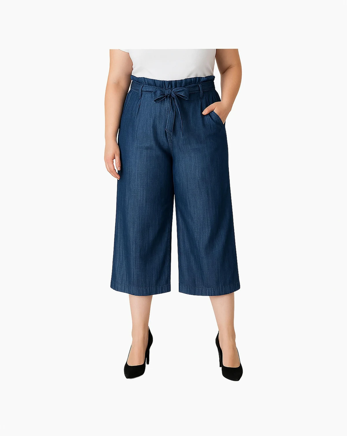 Plus Size Paper Bag Waist Tencel Wide Leg Cropped Pants