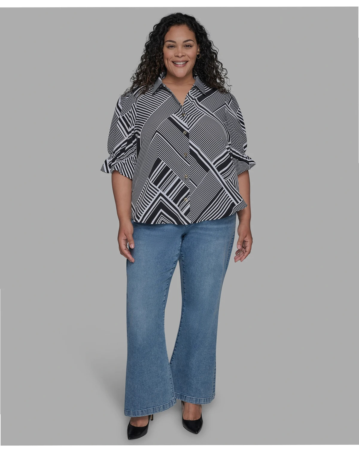 Plus Size Geo-Print Puff-Sleeve Shirt