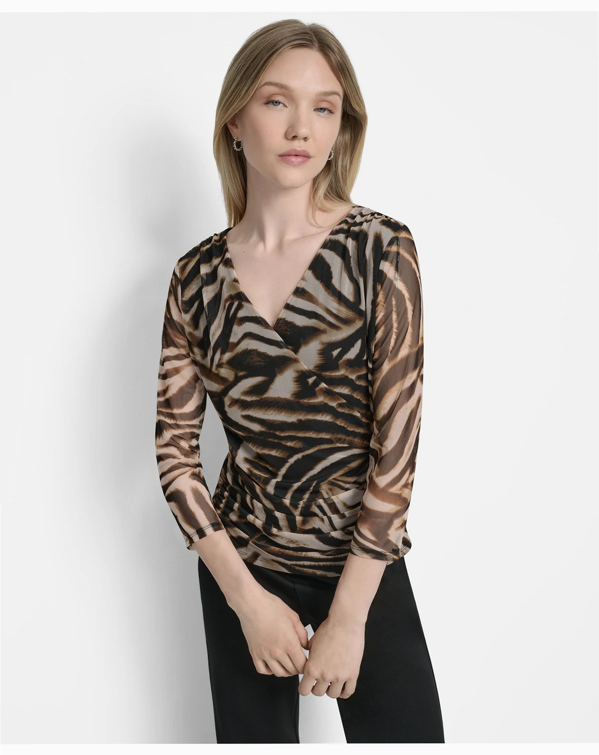 Women's 3/4-Sleeve Printed Mesh V-Neck Top