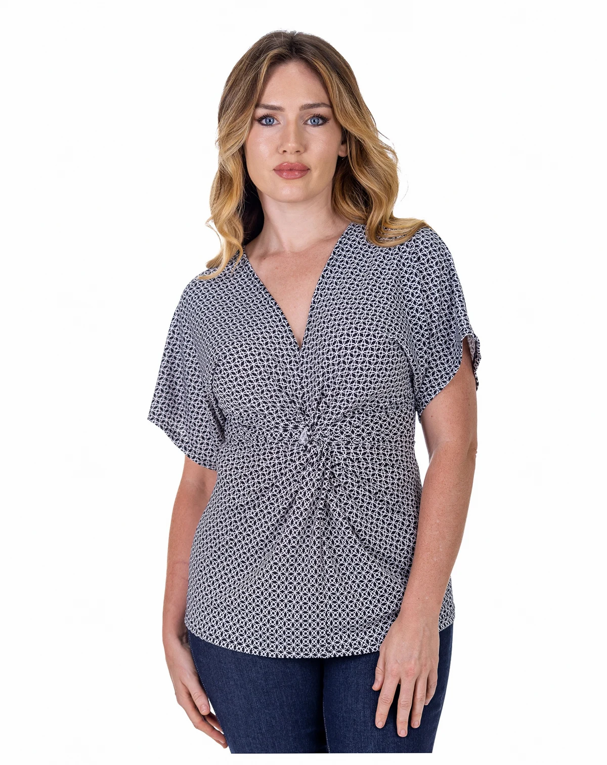 Petite V-Neck Geometric Print Front Kimono Sleeve Top
