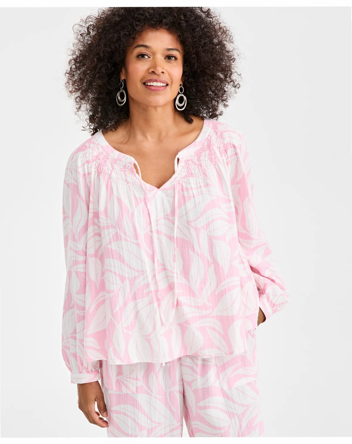 Petite Print Smock Neck Long-Sleeve Top, Macy's Exclusive