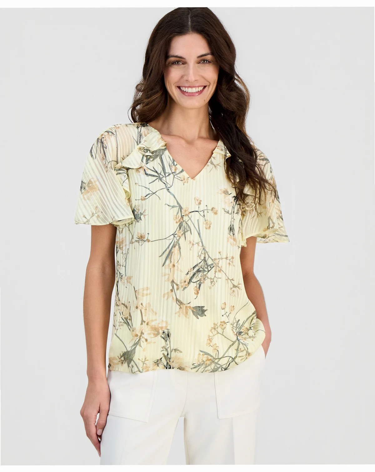 Women's Printed V-Neck Ruffle-Trim Top