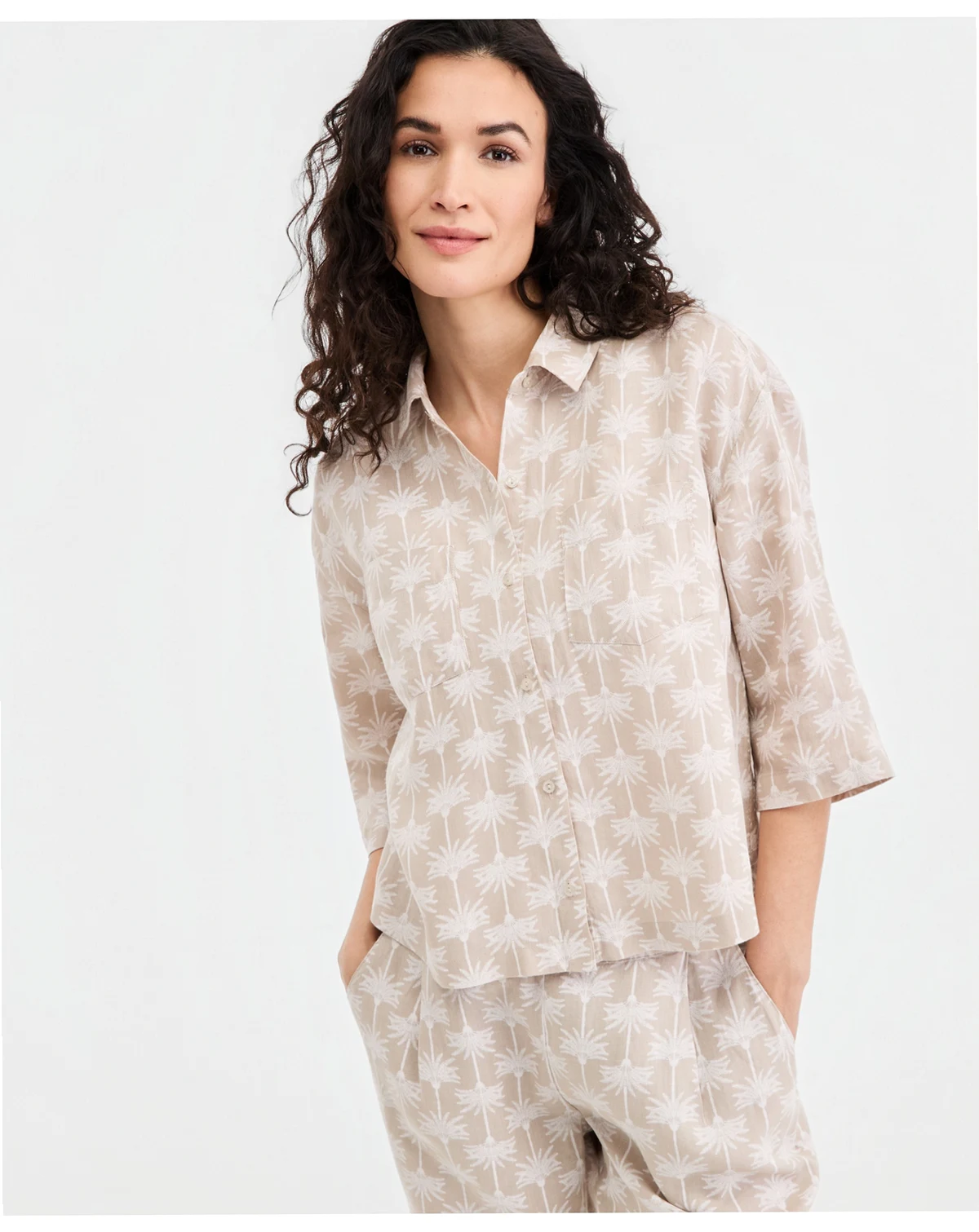 Women's 100% Linen Print Roll-Tab Camp Shirt, Created for Macy's