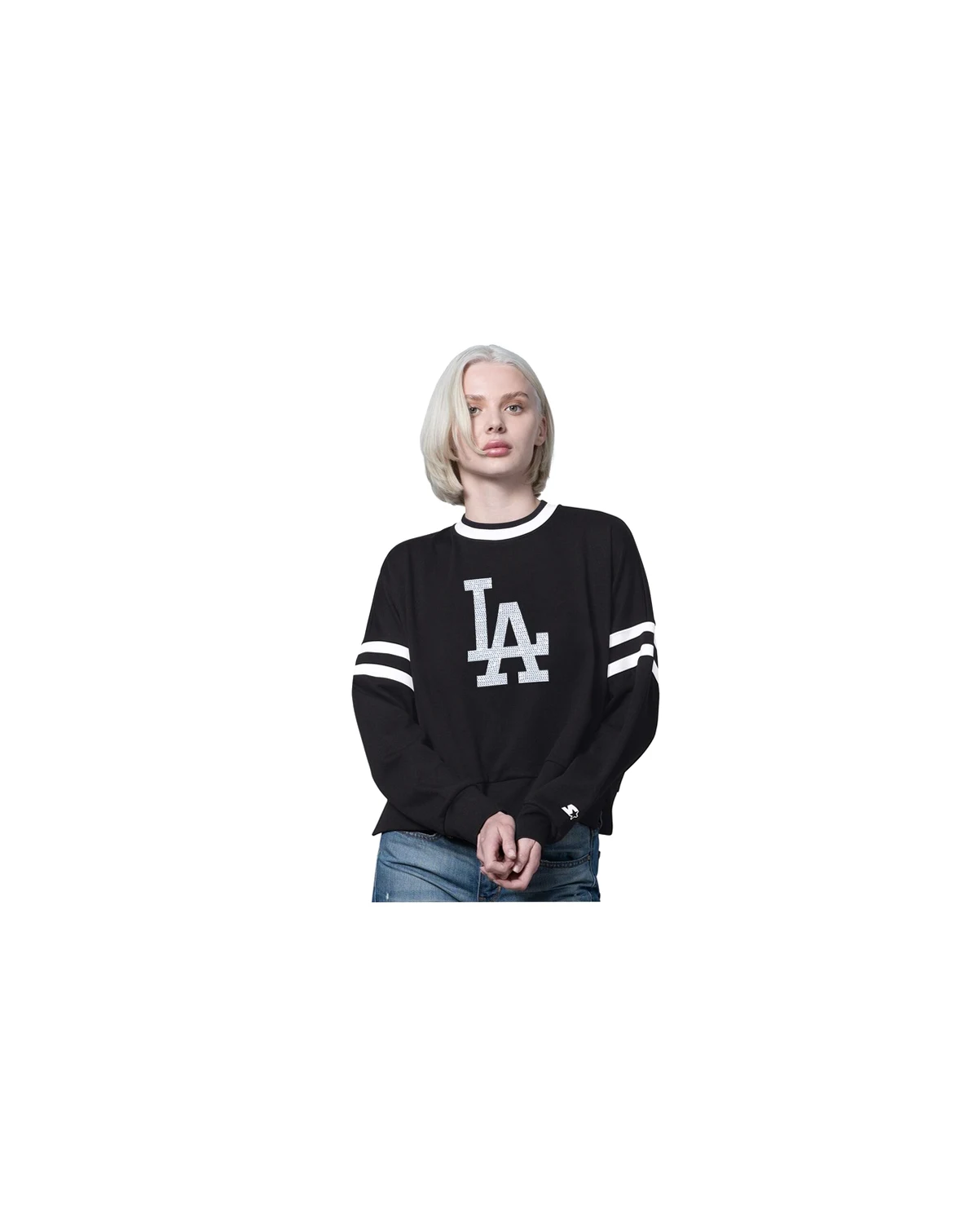 Women's Black/Cream Los Angeles Dodgers Rally Cropped Drop Shoulder Crewneck Sweatshirt