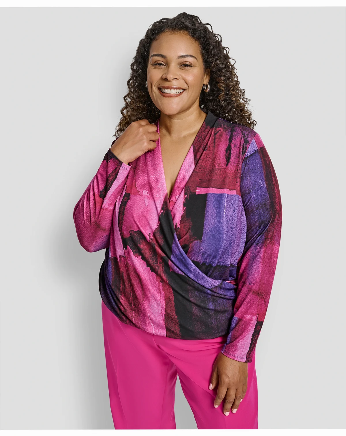 Plus Size Wrap V-Neck Long Sleeve Top