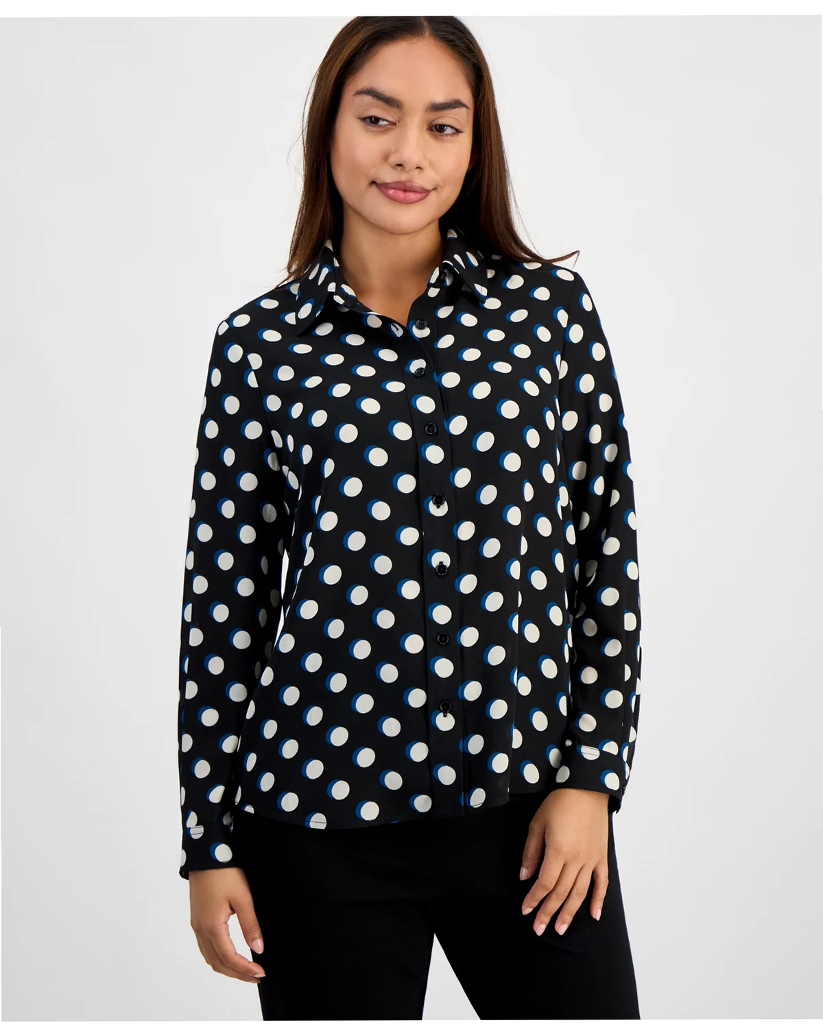 AK Anne Klein Petite Long Sleeve Button Up Dot-Print Shirt
