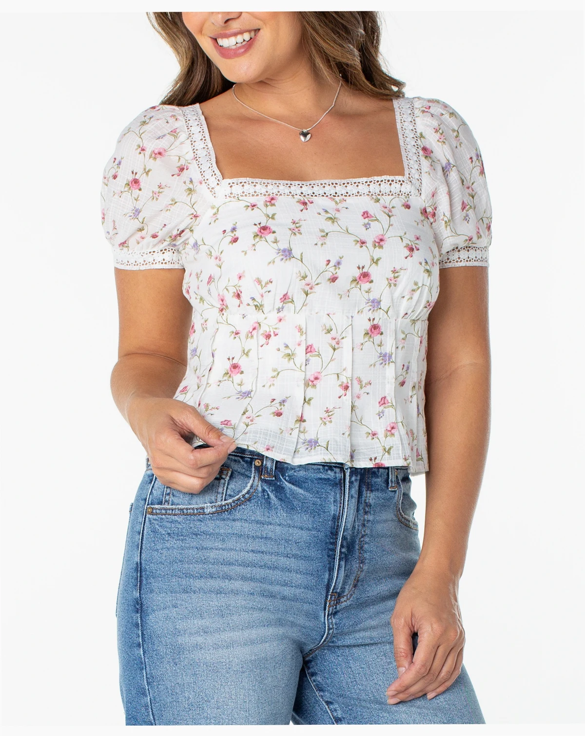 Juniors' Lace-Trim Pleated Babydoll Top