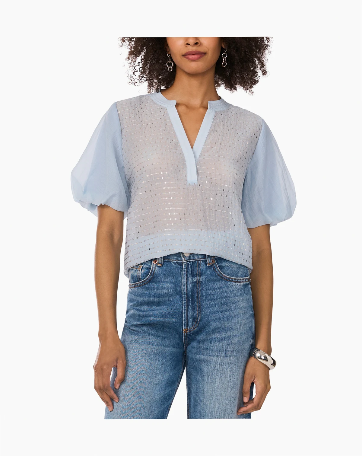Women's Sequined Puffed-Sleeve Sheer V-Neck Top