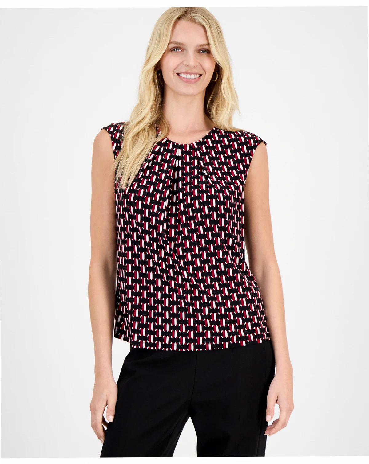 Women's Geo-Print Pleated-Neck Blouse, Regular & Petite