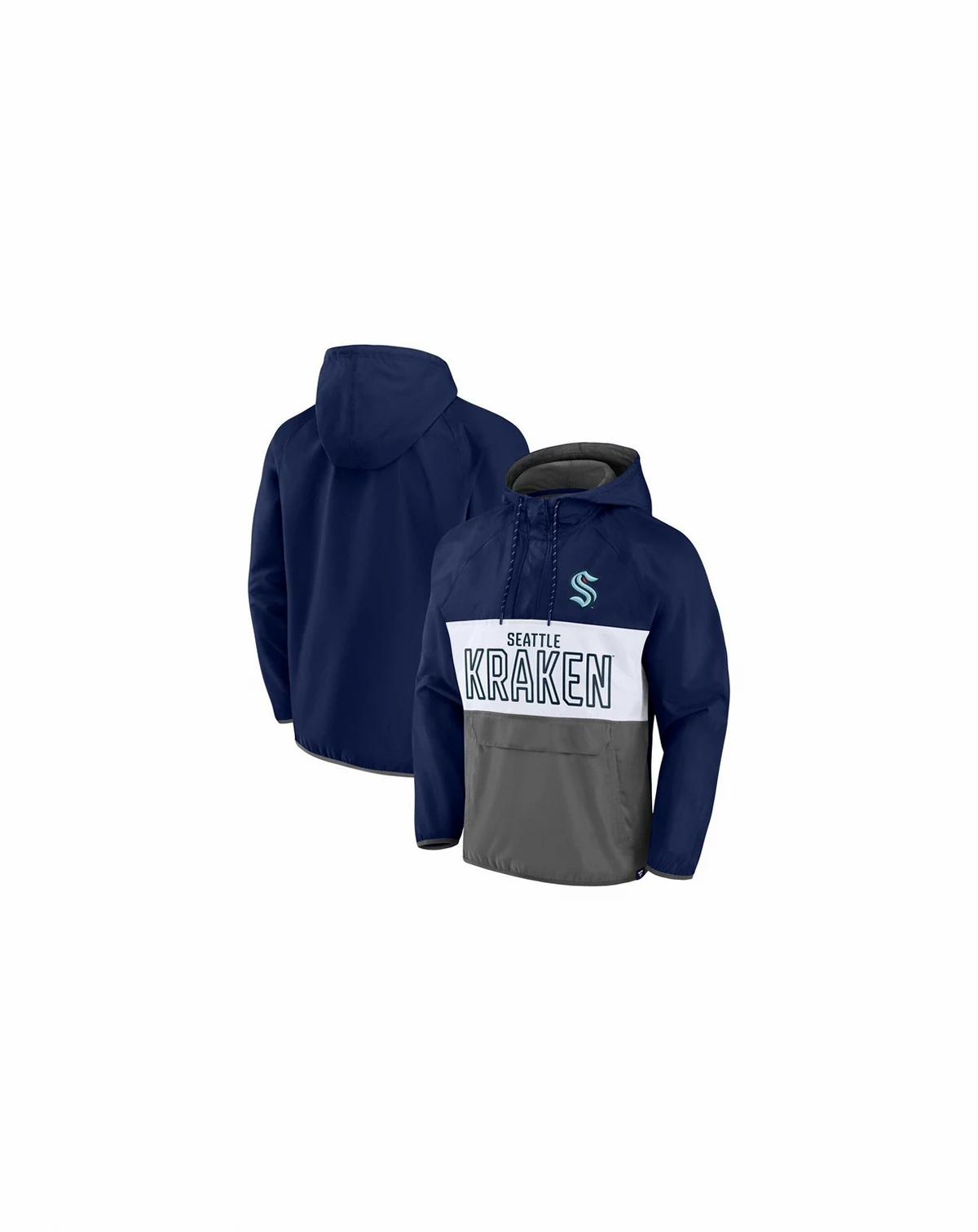 Men's Deep Sea Blue, Gray Seattle Kraken Backhand Shooter Defender Anorak Raglan Hoodie Quarter-Zip Jacket