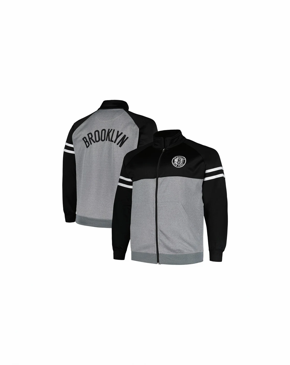 Men's Black, Heather Gray Brooklyn Nets Big and Tall Pieced Stripe Raglan Full-Zip Track Jacket