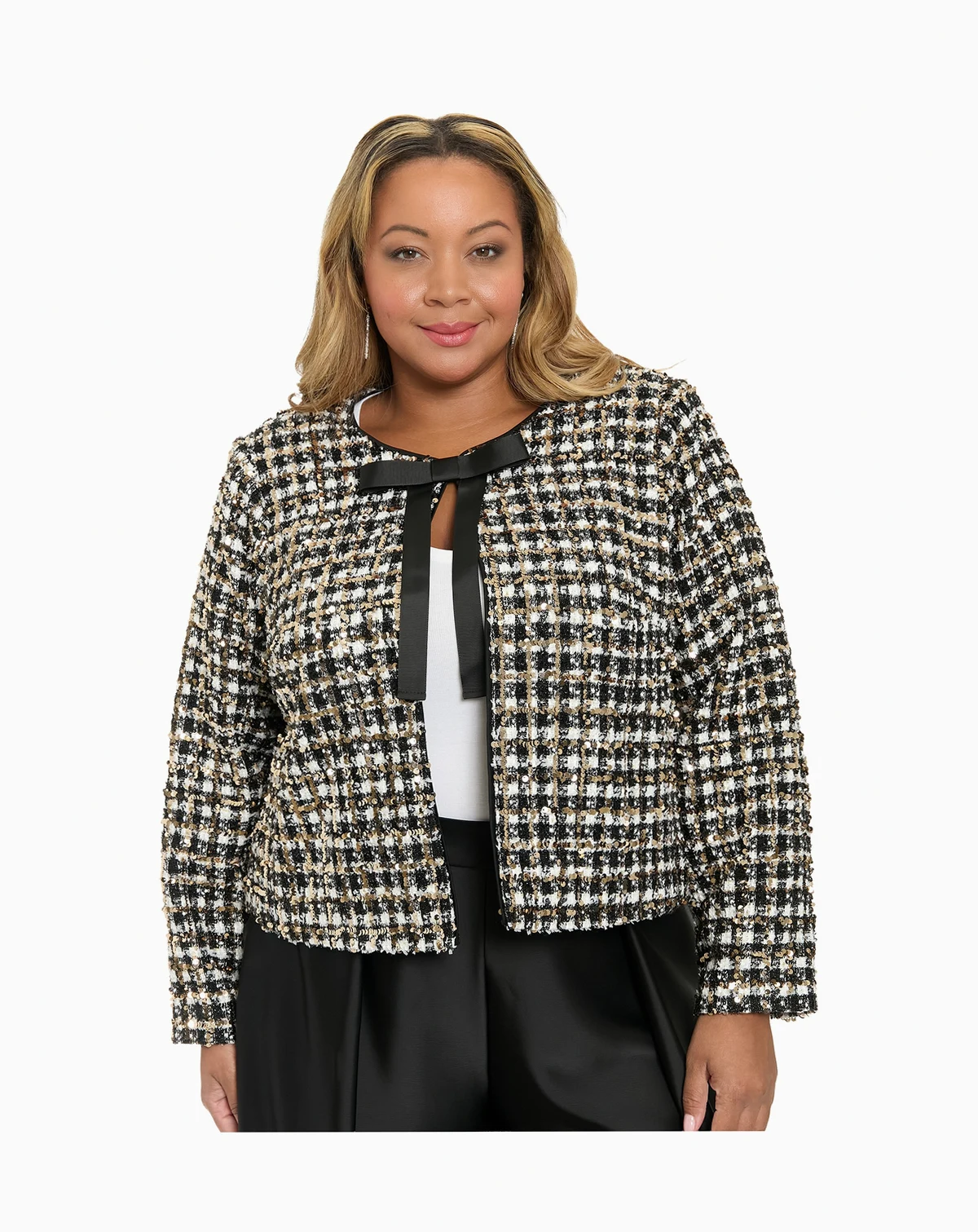 Plus Size Tweed Jewel Neck Jacket with Bow
