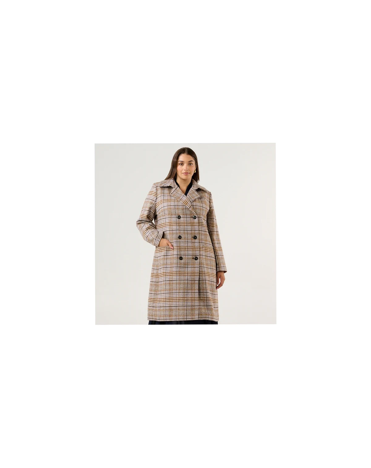 Plus Size Frostfall Double-Breasted Full-Length Check Coat