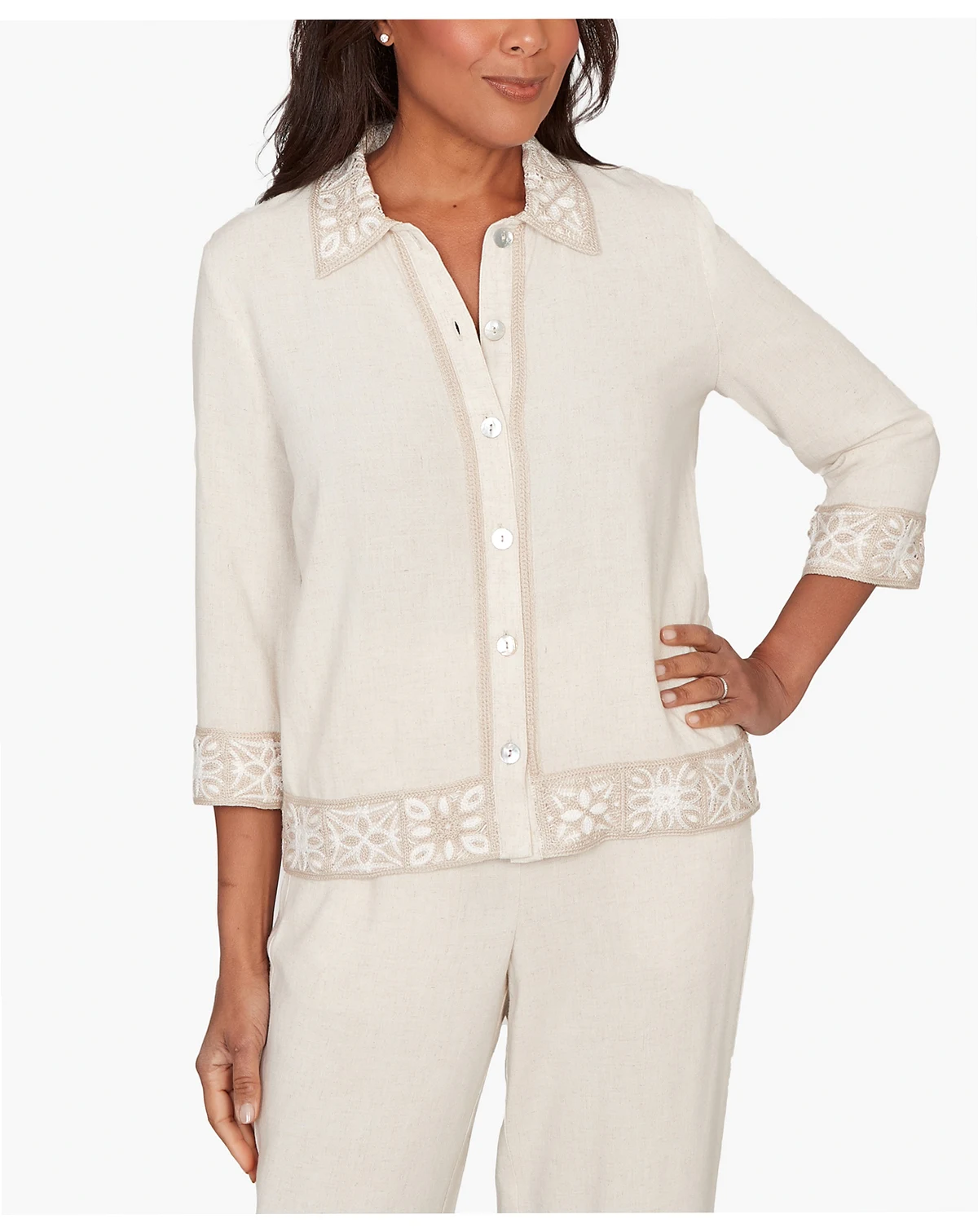 Women's  Natural Wonder Embellished Crochet Trim Linen Jacket