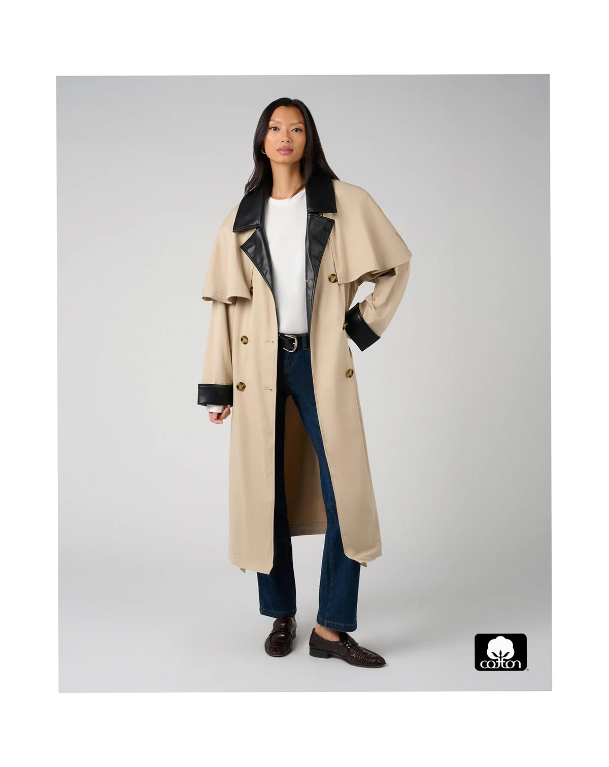 Women's Leather Trim Trench Coat