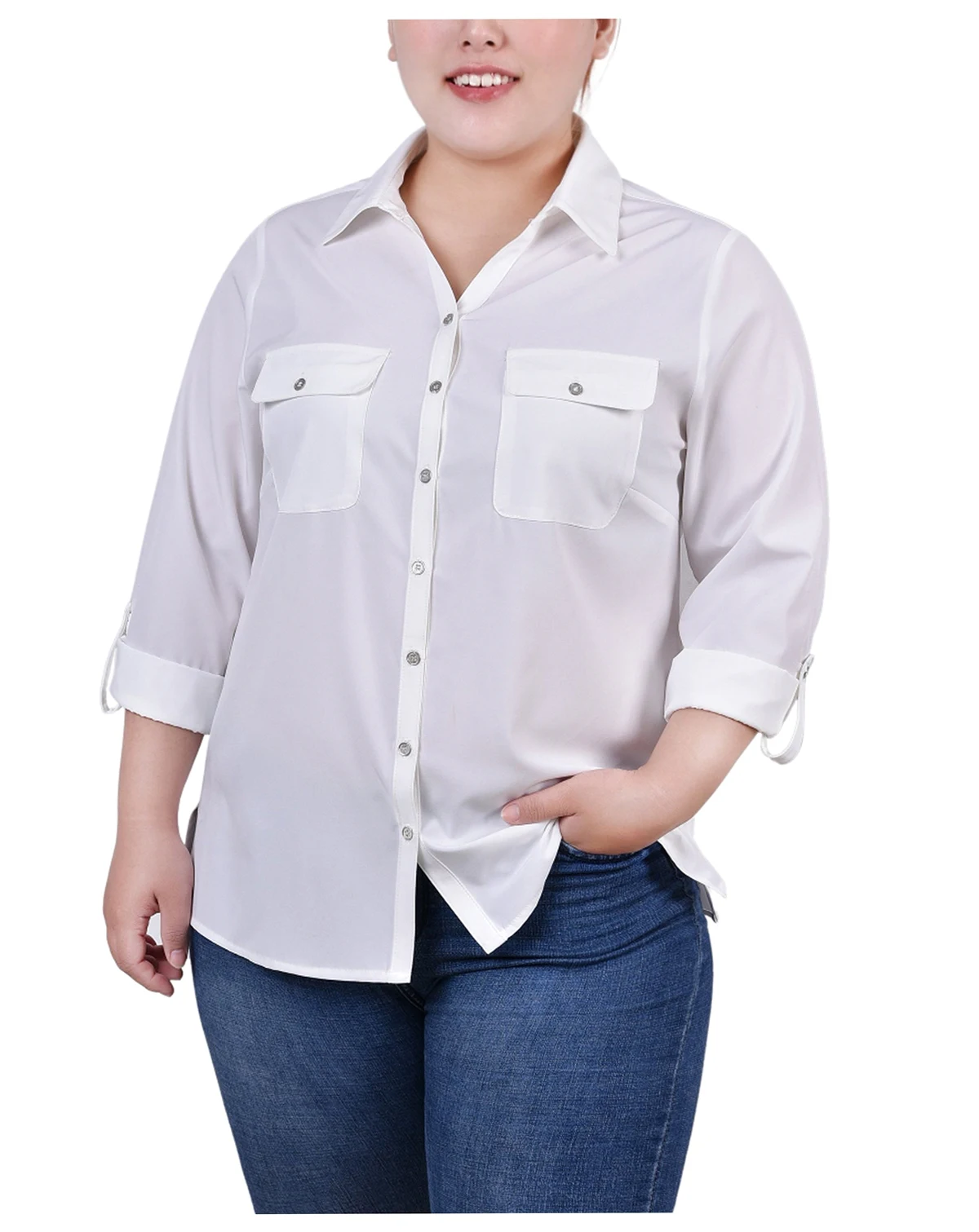 Plus Size 3/4 Roll Tab Blouse with Pockets