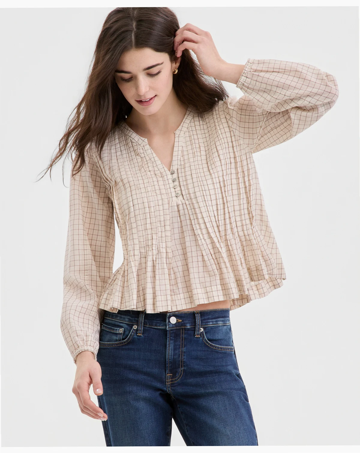 Women's Cotton Plaid Pintucked Long-Sleeve Top