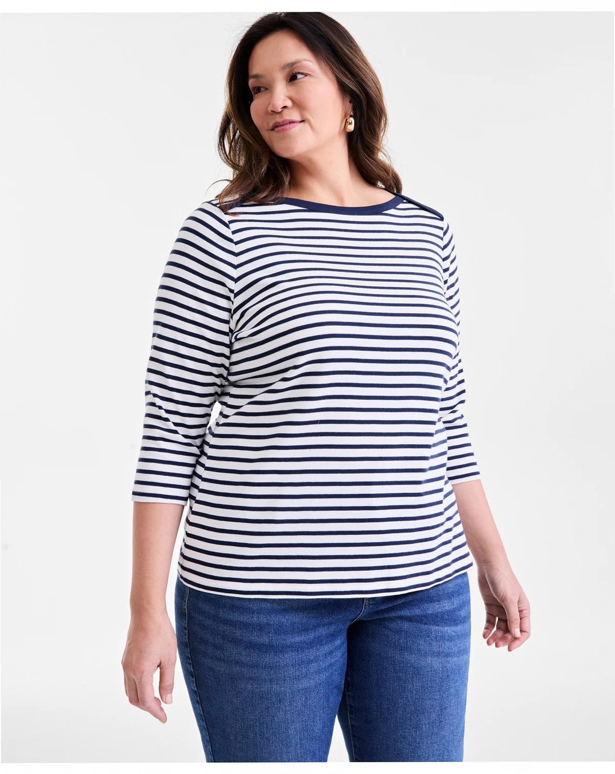 Plus Size Stripe Pima Cotton 3/4-Sleeve Top, Exclusively at Macy's