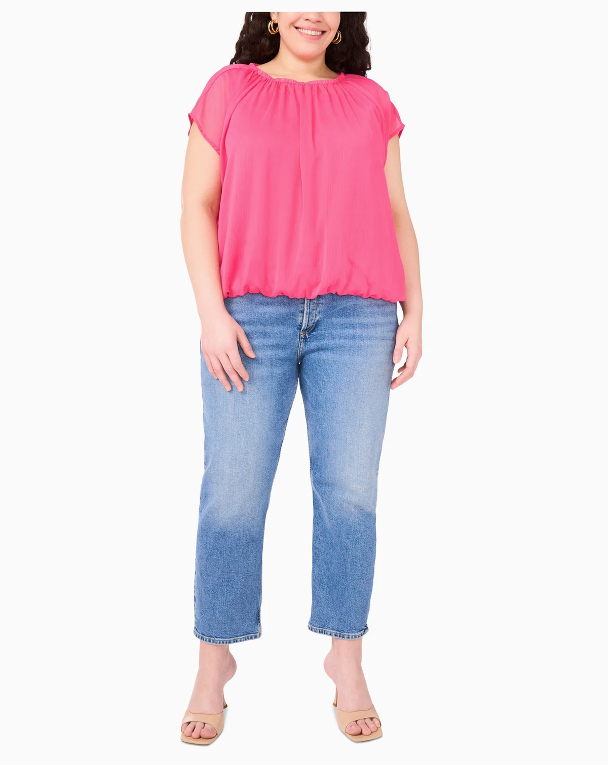 Plus Size Wide-Neck Cap-Sleeve Gathered Top