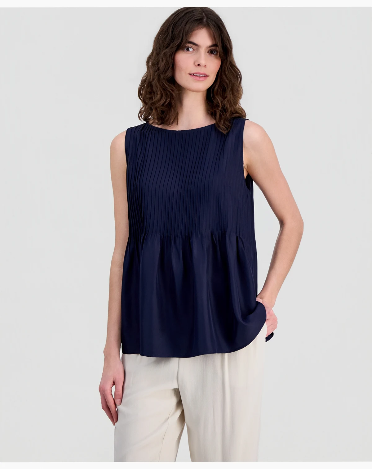 Women's Pleated Silk Bateau Neck Tank Top