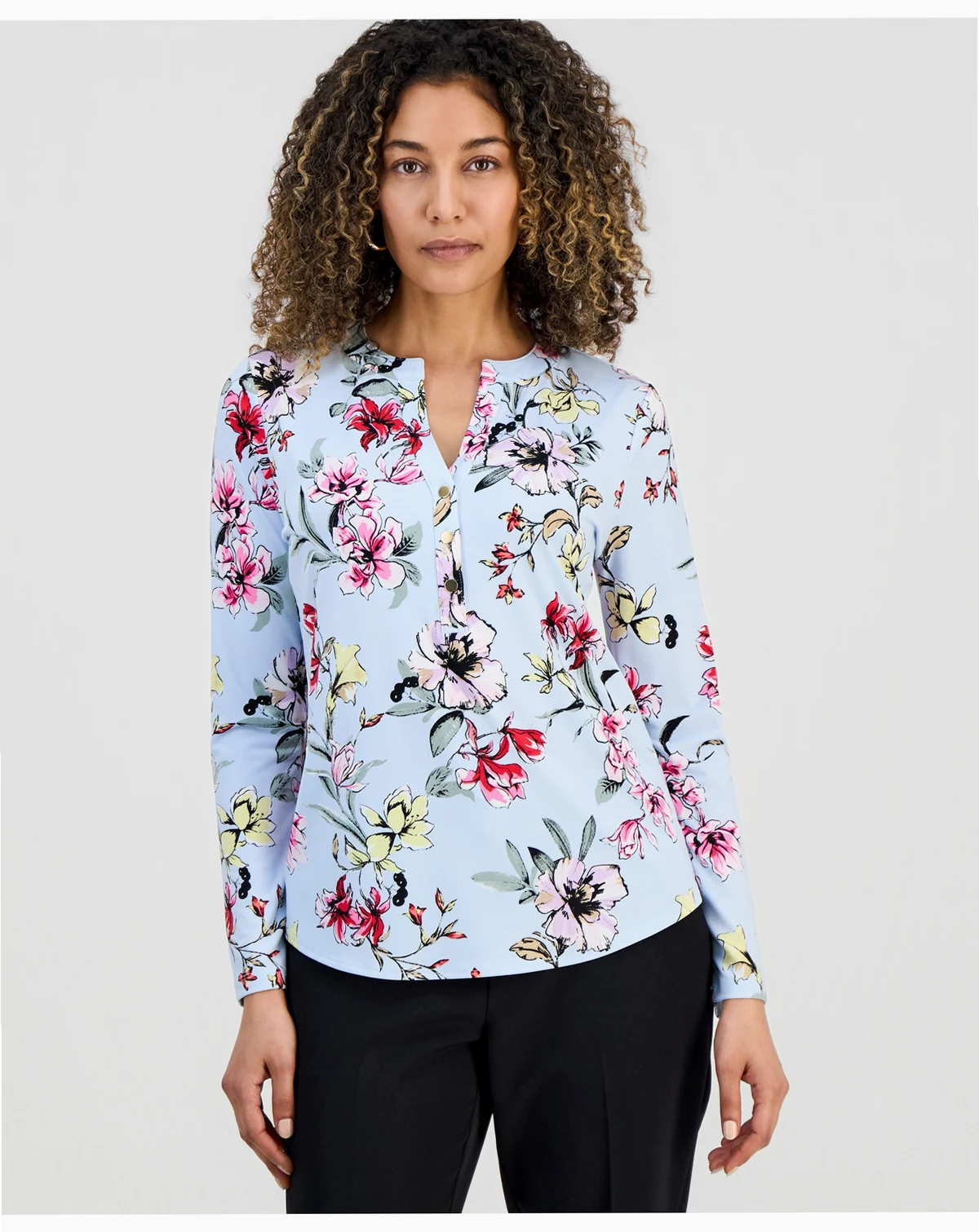 Petite Floral-Print Henley Top, Macy's Exclusive