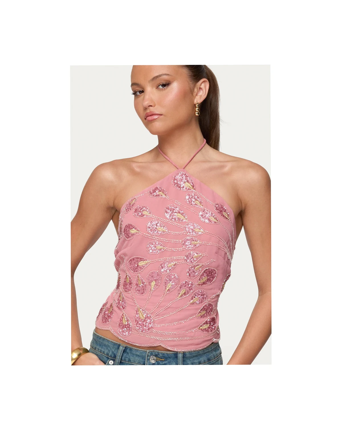 Women's Embroidered Bead & Sequin Halter Top