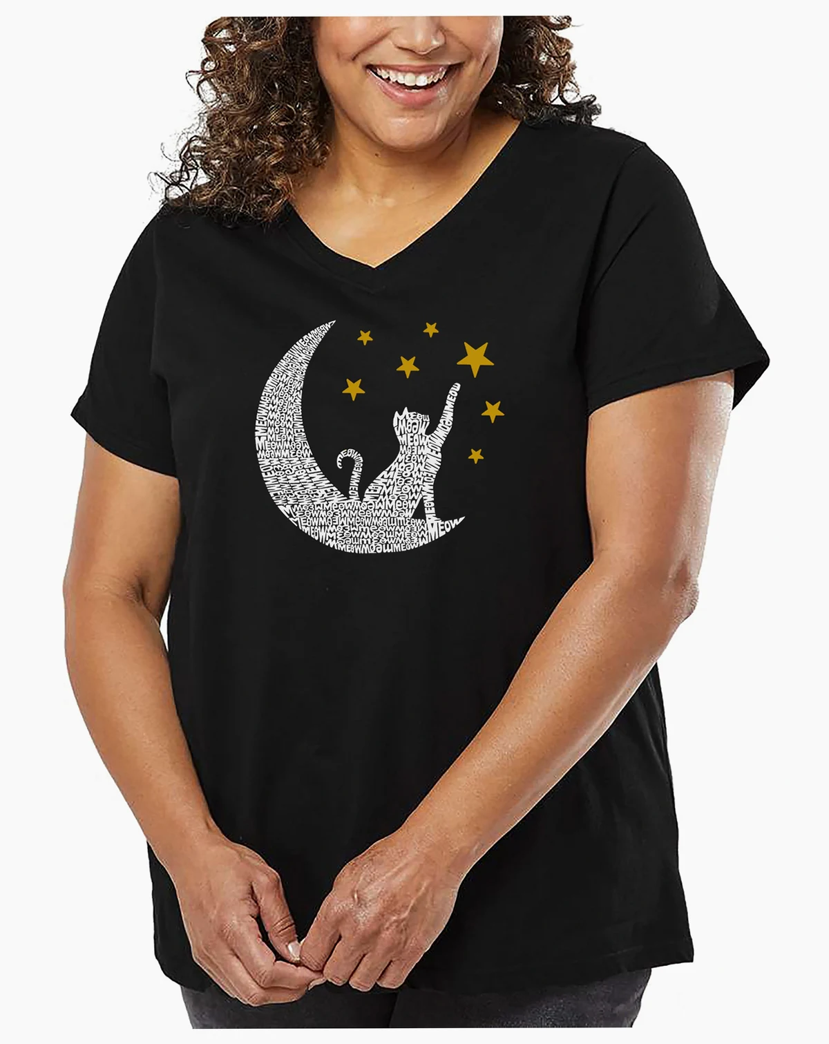 Plus Size Cat Moon Word Art V-Neck T-Shirt