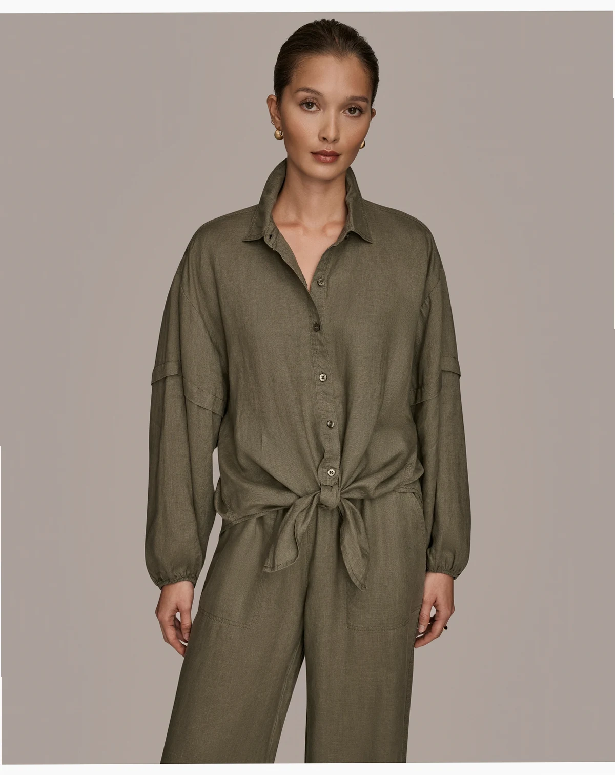 Women's Linen Long Blouson Sleeve Button Adjustable Tie Shirt