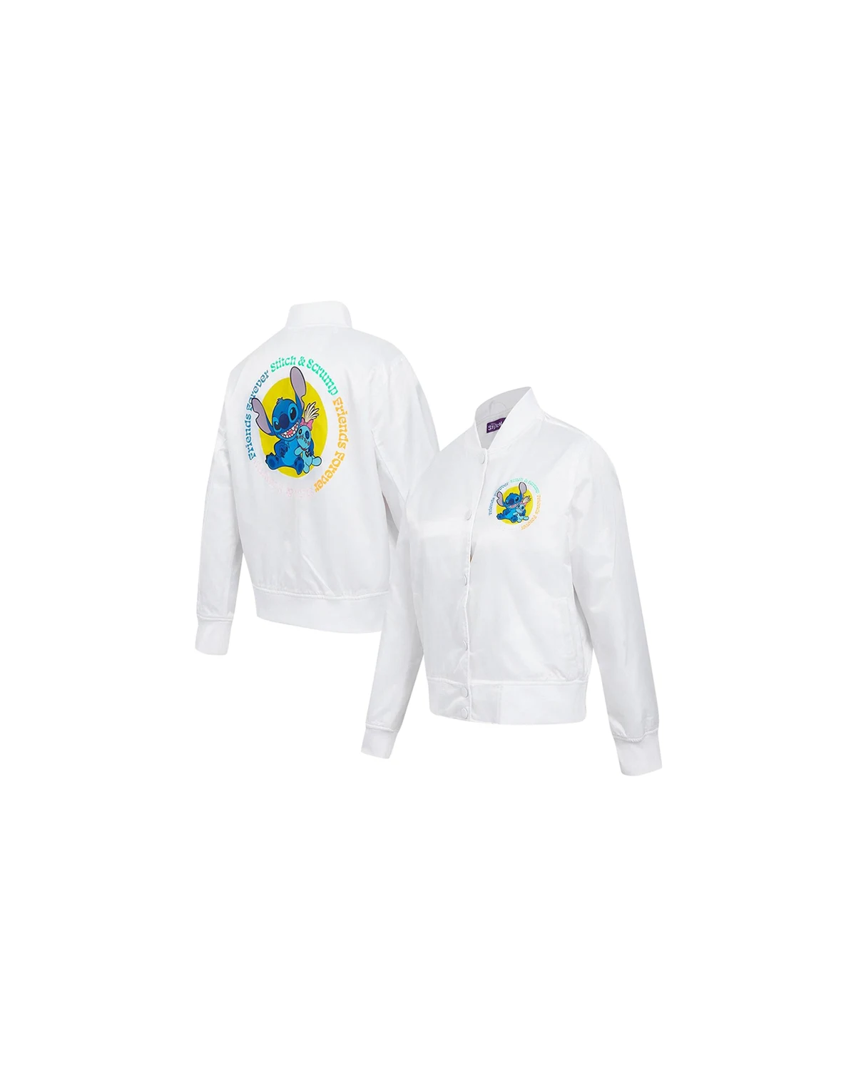 Women's White Lilo and Stitch Scrump Stitch Full-Snap Satin Jacket