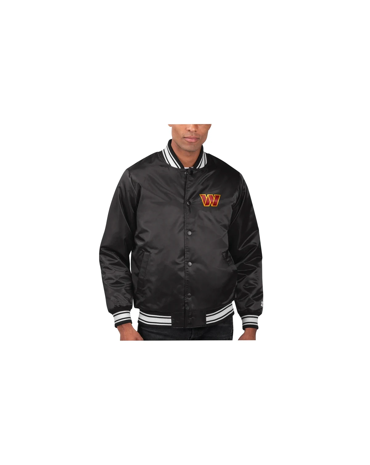 Men's Black Washington Commanders Locker Room Satin Varsity Full-Snap Jacket